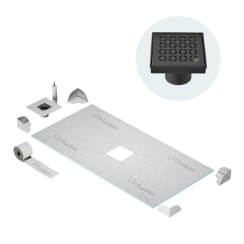QM Curbless Center Shower Pan Kit 32" x 63" with 4" Lotus Square Drain in Black