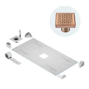 QM Curbless Center Shower Pan Kit 32″ x 63″ with 4″ Lotus Square Drain in Bronze