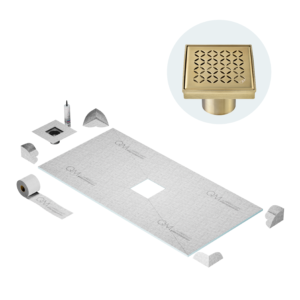 QM Curbless Center Shower Pan Kit 32″ x 63″ with 4″ Lotus Square Drain in Gold