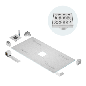 QM Curbless Center Shower Pan Kit 32″ x 63″ with 4″ Lotus Square Drain in Polished