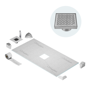 QM Curbless Center Shower Pan Kit 32″ x 63″ with 4″ Lotus Square Drain in Satin