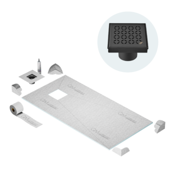 QM Curbless Off-Center Shower Pan Kit 32" x 63" with 4" Lotus Square Drain in Black