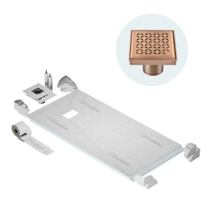 QM Curbless Off-Center Shower Pan Kit 32″ x 63″ with 4″ Lotus Square Drain in Bronze