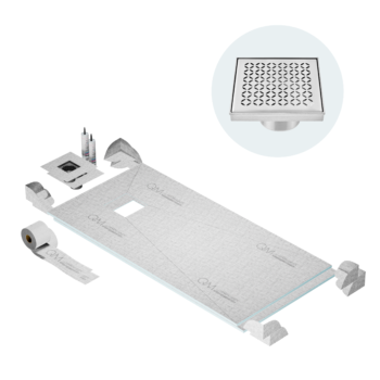 QM Curbless Off-Center Shower Pan Kit 32" x 63" with 4" Lotus Square Drain in Polished