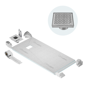 QM Curbless Off-Center Shower Pan Kit 32″ x 63″ with 4″ Lotus Square Drain in Satin