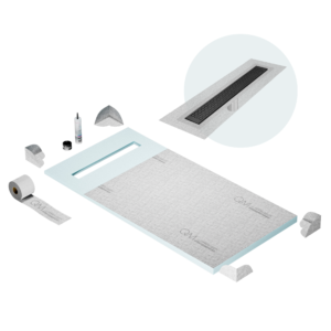 QM Shower Pan Curbless Kit 32″ with a 24″ Lotus Linear Drain Flange Edge in Black