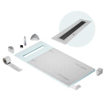 QM Shower Pan Curbless Kit 32" with a 24" Lotus Linear Drain Flange Edge in Black