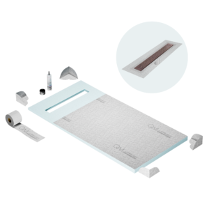 QM Shower Pan Curbless Kit 32″ with a 24″ Lotus Linear Drain Flange Edge in Bronze