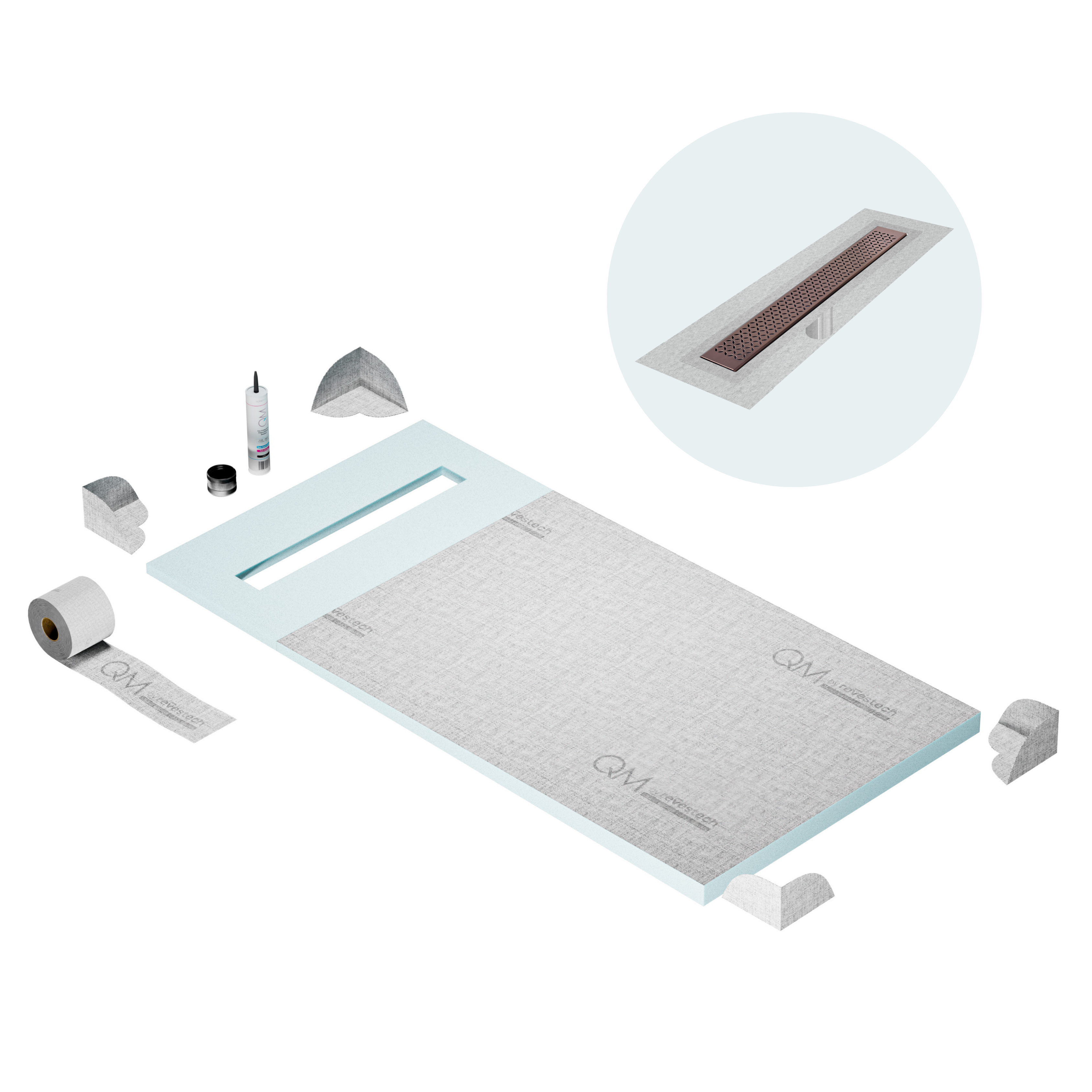 QM Shower Pan Curbless Kit 32" with a 24" Lotus Linear Drain Flange Edge in Bronze