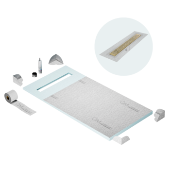QM Shower Pan Curbless Kit 32" with a 24" Lotus Linear Drain Flange Edge in Gold