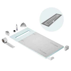 QM Shower Pan Curbless Kit 32″ with a 24″ Lotus Linear Drain Flange Edge in Polished