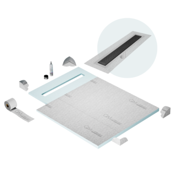 QM Shower Pan Curbless Kit 40" with a 32" Lotus Linear Drain Flange Edge in Black
