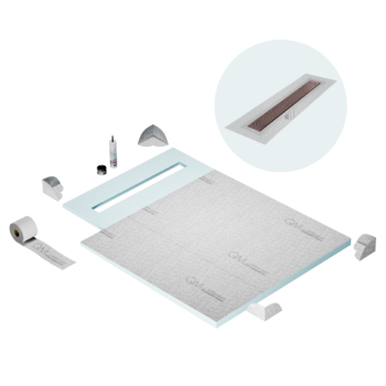 QM Shower Pan Curbless Kit 40" with a 32" Lotus Linear Drain Flange Edge in Bronze