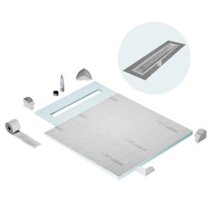 QM Shower Pan Curbless Kit 40″ with a 32″ Lotus Linear Drain Flange Edge in Polished