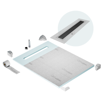 QM Shower Pan Curbless Kit 48" with a 36" Lotus Linear Drain Flange Edge in Black