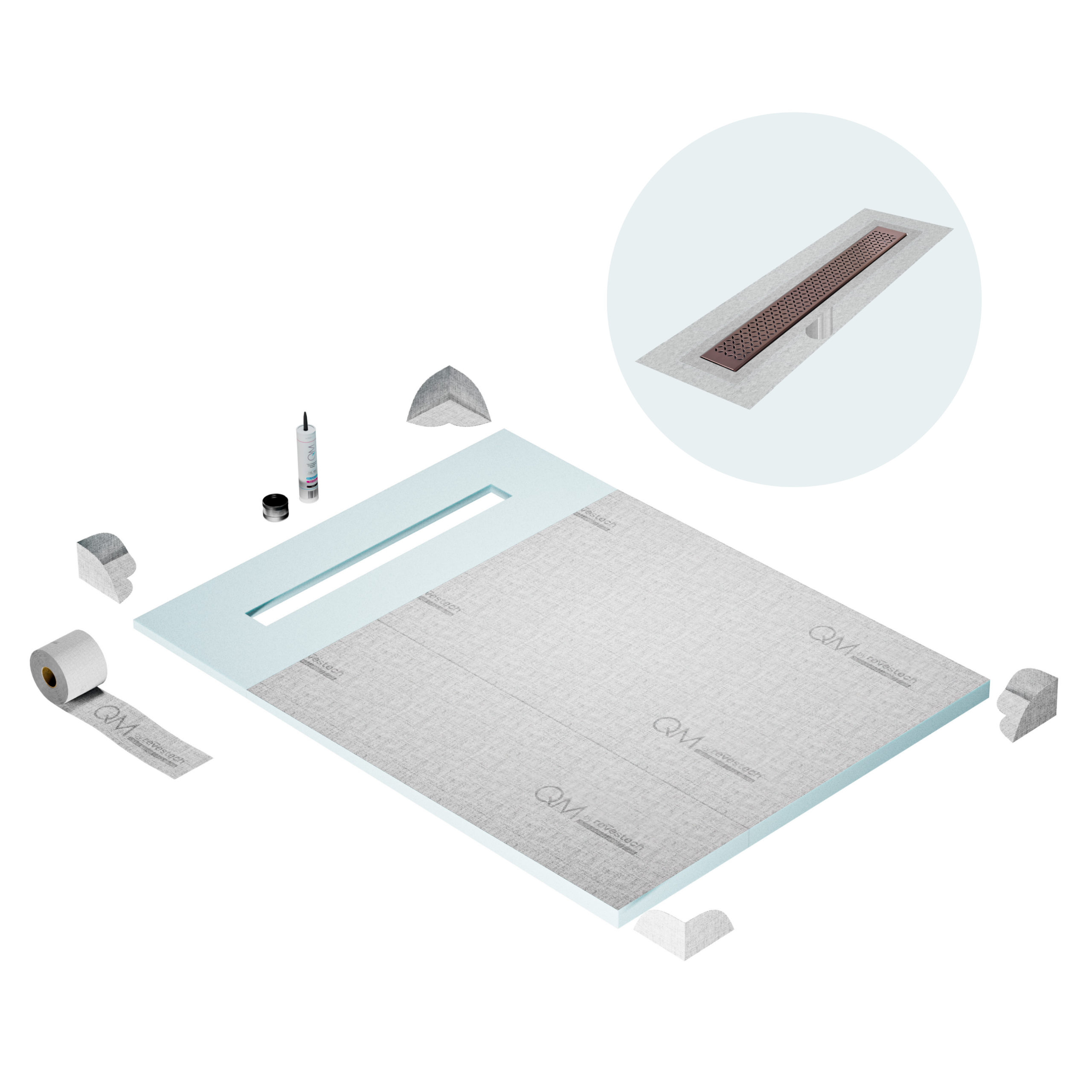 QM Shower Pan Curbless Kit 48" with a 36" Lotus Linear Drain Flange Edge in Bronze