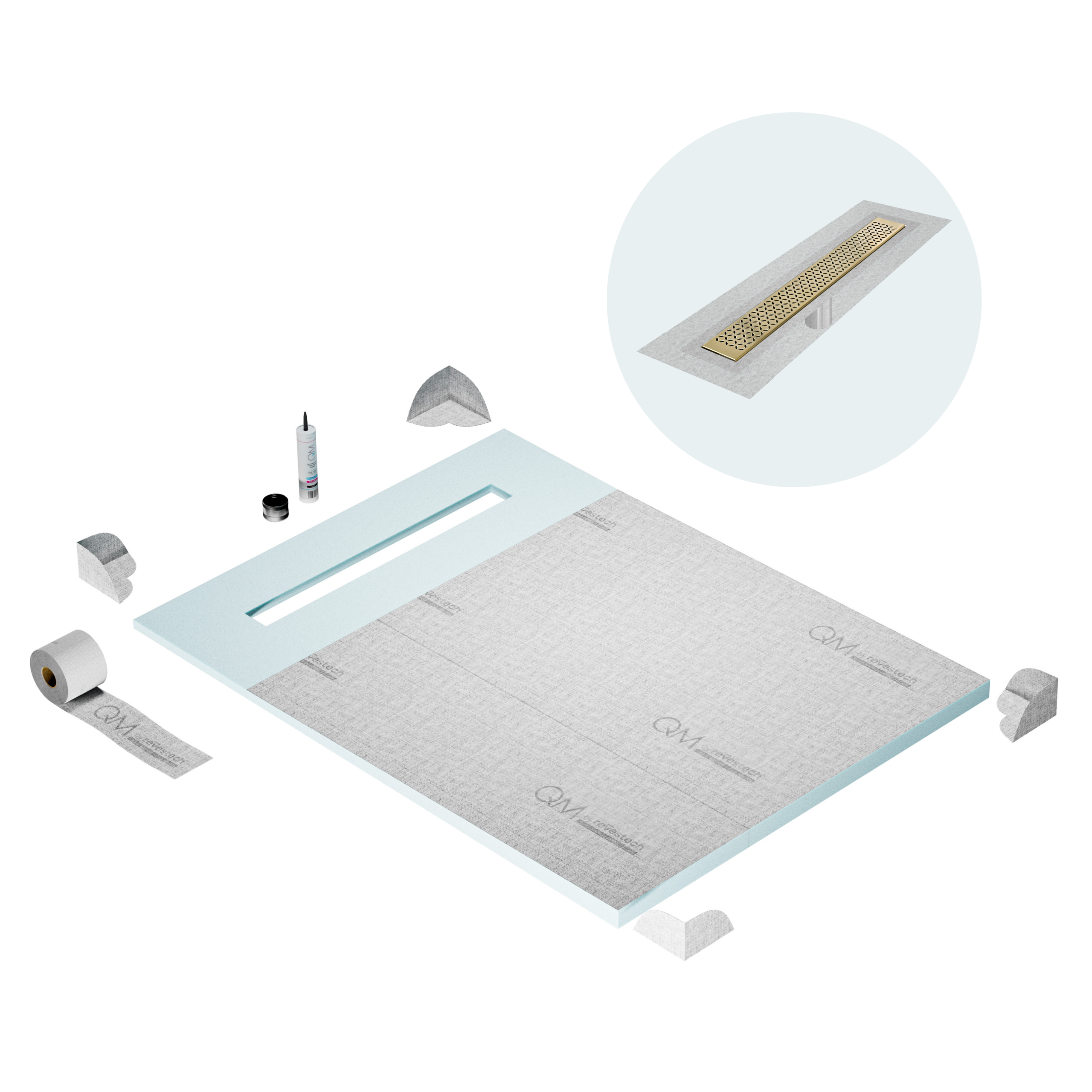 QM Shower Pan Curbless Kit 48" with a 36" Lotus Linear Drain Flange Edge in Gold