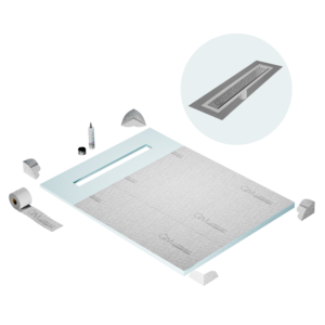 QM Shower Pan Curbless Kit 48″ with a 36″ Lotus Linear Drain Flange Edge in Satin