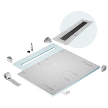 QM Shower Pan Curbless Kit 56" with a 48" Lotus Linear Drain Flange Edge in Black