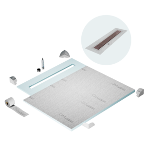 QM Shower Pan Curbless Kit 56″ with a 48″ Lotus Linear Drain Flange Edge in Bronze