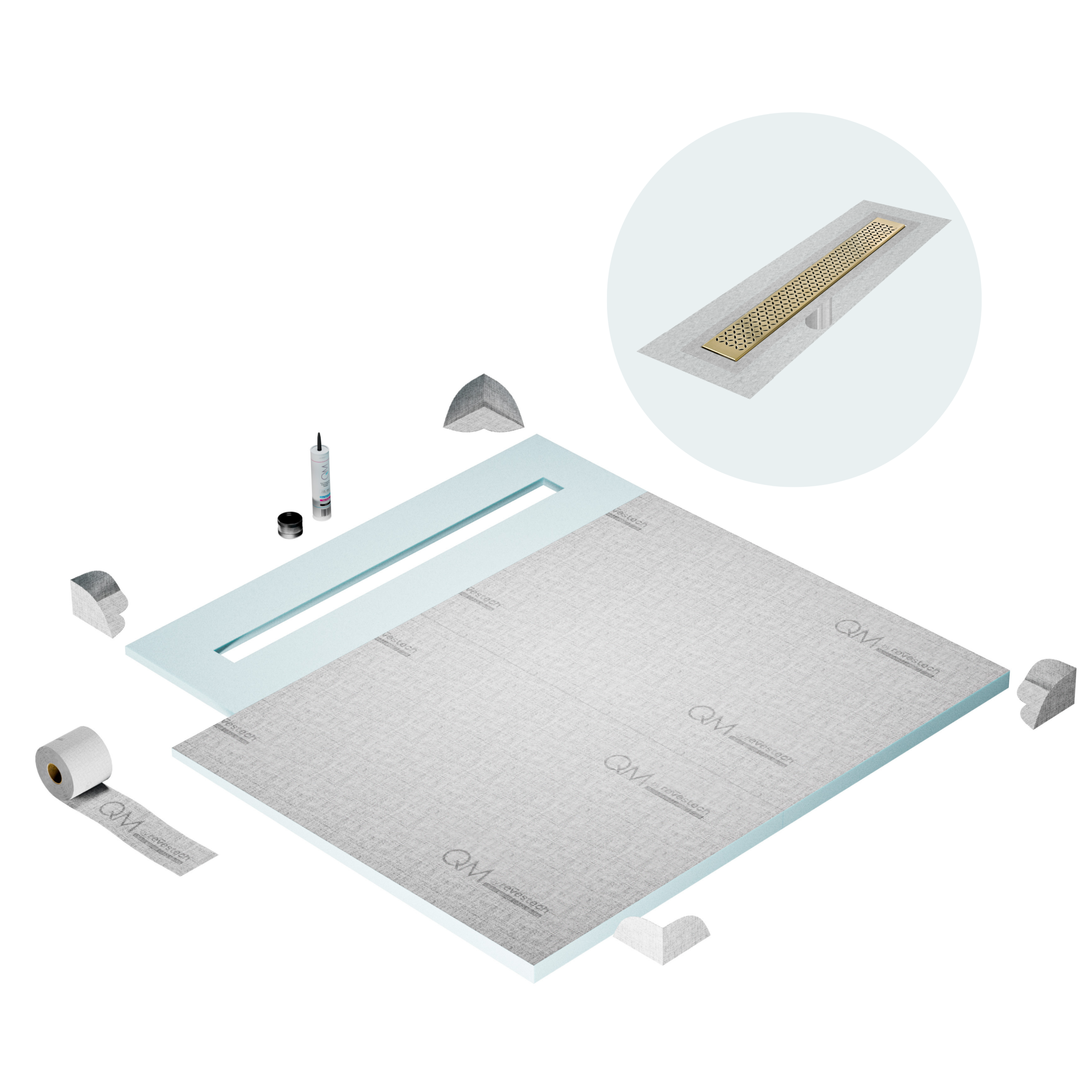 QM Shower Pan Curbless Kit 56" with a 48" Lotus Linear Drain Flange Edge in Gold
