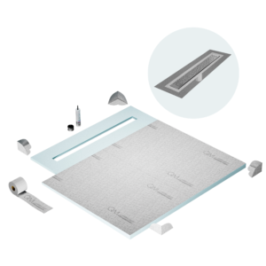 QM Shower Pan Curbless Kit 56″ with a 48″ Lotus Linear Drain Flange Edge in Satin