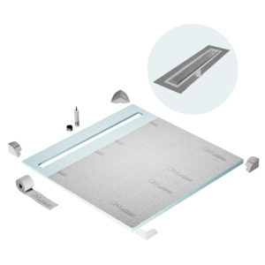 QM Shower Pan Curbless Kit 64″ with a 58″ Lotus Linear Drain Flange Edge in Satin