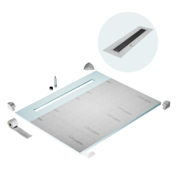 QM Shower Pan Curbless Kit 80" with a 58" Lotus Linear Drain Flange Edge in Black
