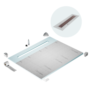 QM Shower Pan Curbless Kit 80″ with a 58″ Lotus Linear Drain Flange Edge in Bronze
