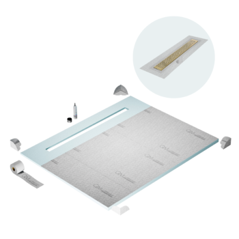 QM Shower Pan Curbless Kit 80" with a 58" Lotus Linear Drain Flange Edge in Gold