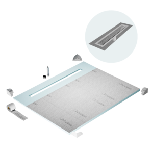 QM Shower Pan Curbless Kit 80″ with a 58″ Lotus Linear Drain Flange Edge in Satin