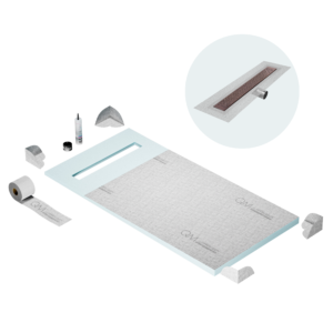 QM Shower Pan Curbless Kit 32″ with a 24″ Lotus Linear Drain Flange Edge Side Outlet in Bronze