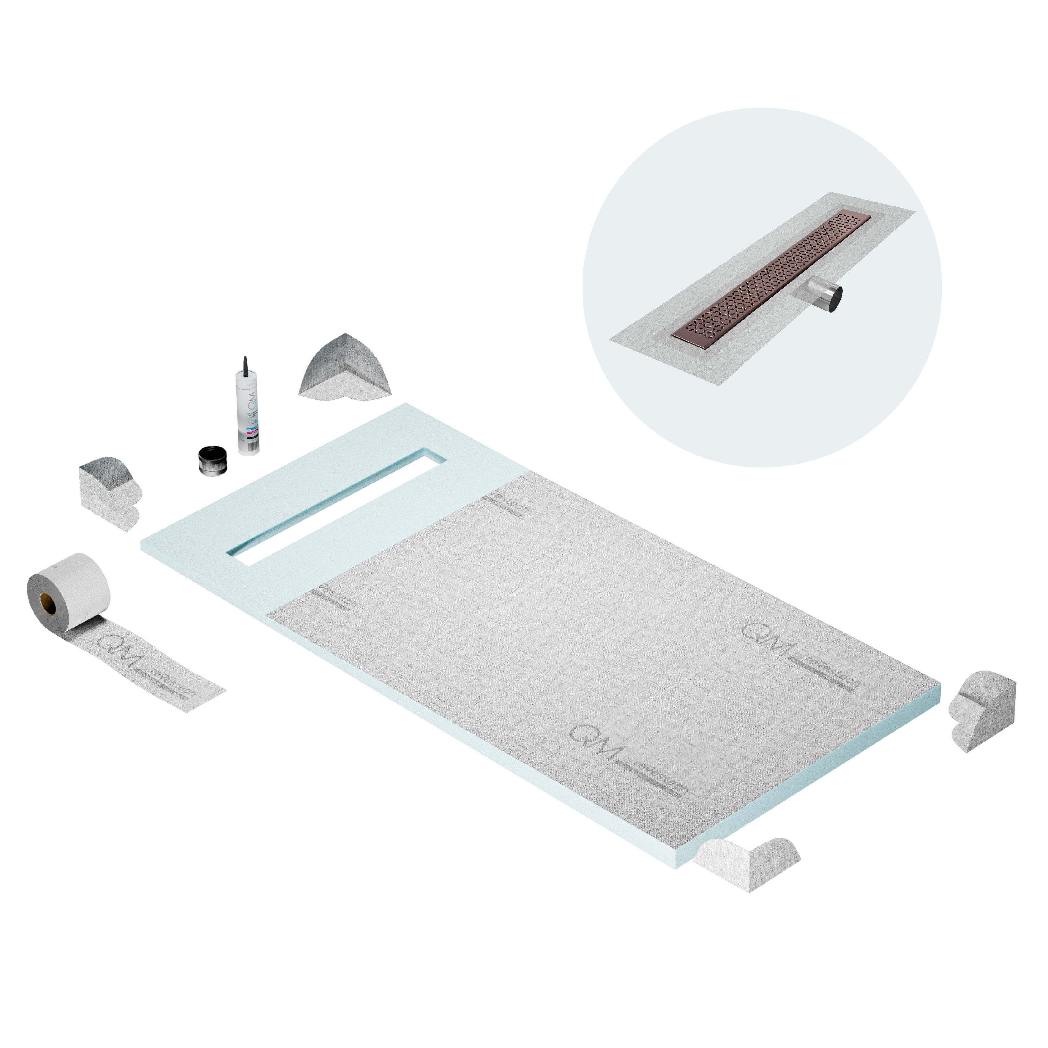 QM Shower Pan Curbless Kit 32" with a 24" Lotus Linear Drain Flange Edge Side Outlet in Bronze