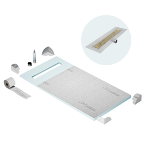QM Shower Pan Curbless Kit 32″ with a 24″ Lotus Linear Drain Flange Edge Side Outlet in Gold