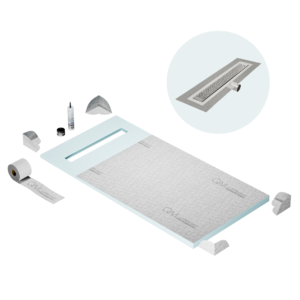 QM Shower Pan Curbless Kit 32″ with a 24″ Lotus Linear Drain Flange Edge Side Outlet in Polished
