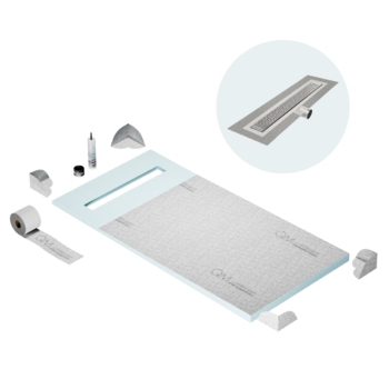 QM Shower Pan Curbless Kit 32" with a 24" Lotus Linear Drain Flange Edge Side Outlet in Polished