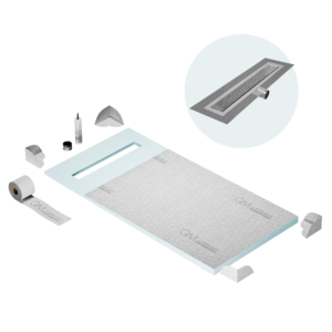 QM Shower Pan Curbless Kit 32″ with a 24″ Lotus Linear Drain Flange Edge Side Outlet in Satin