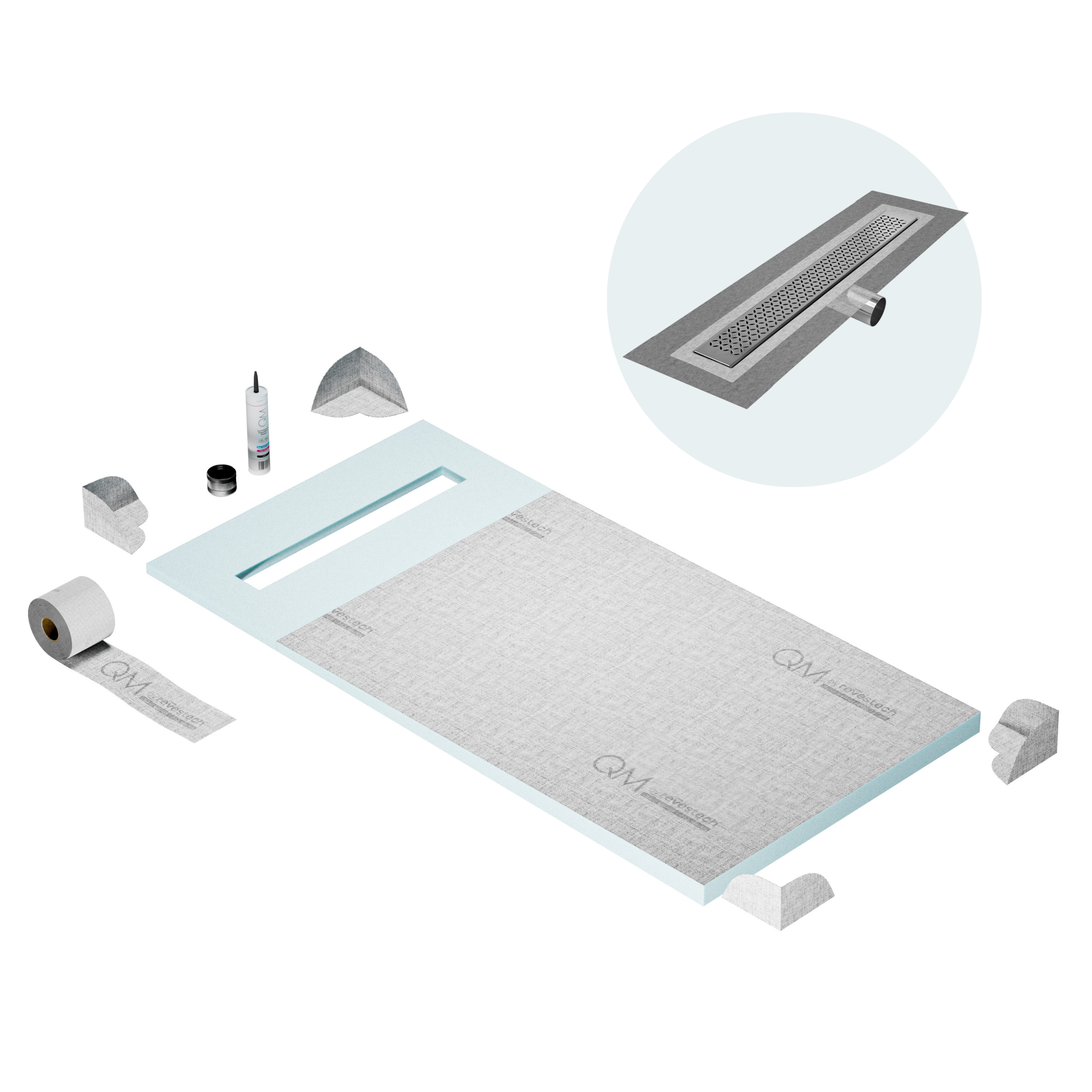 QM Shower Pan Curbless Kit 32" with a 24" Lotus Linear Drain Flange Edge Side Outlet in Satin