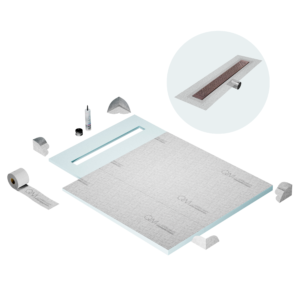 QM Shower Pan Curbless Kit 40″ with a 32″ Lotus Linear Drain Flange Edge Side Outlet in Bronze