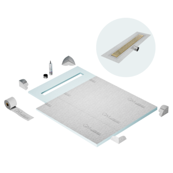 QM Shower Pan Curbless Kit 40" with a 32" Lotus Linear Drain Flange Edge Side Outlet in Gold