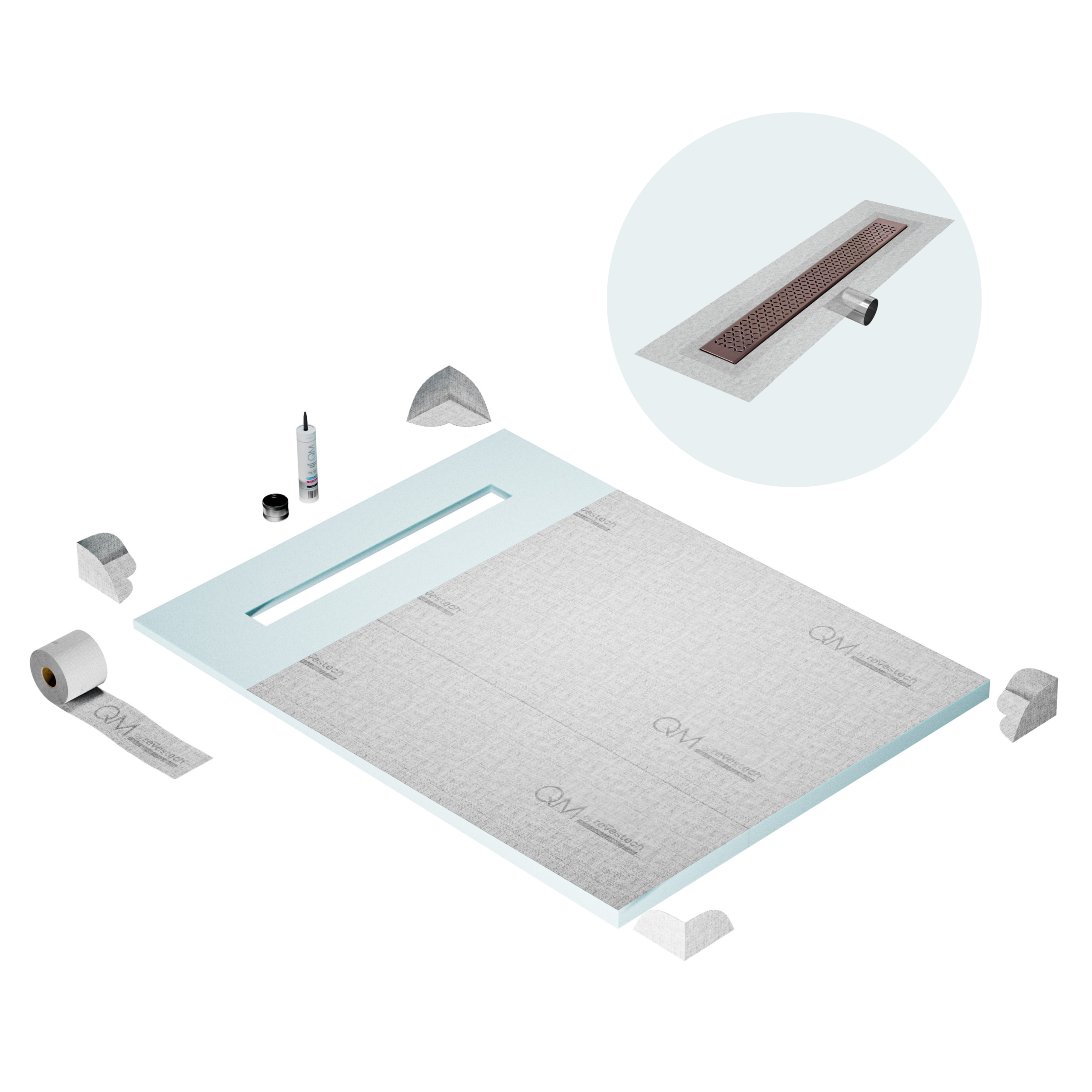 QM Shower Pan Curbless Kit 48" with a 36" Lotus Linear Drain Flange Edge Side Outlet in Bronze