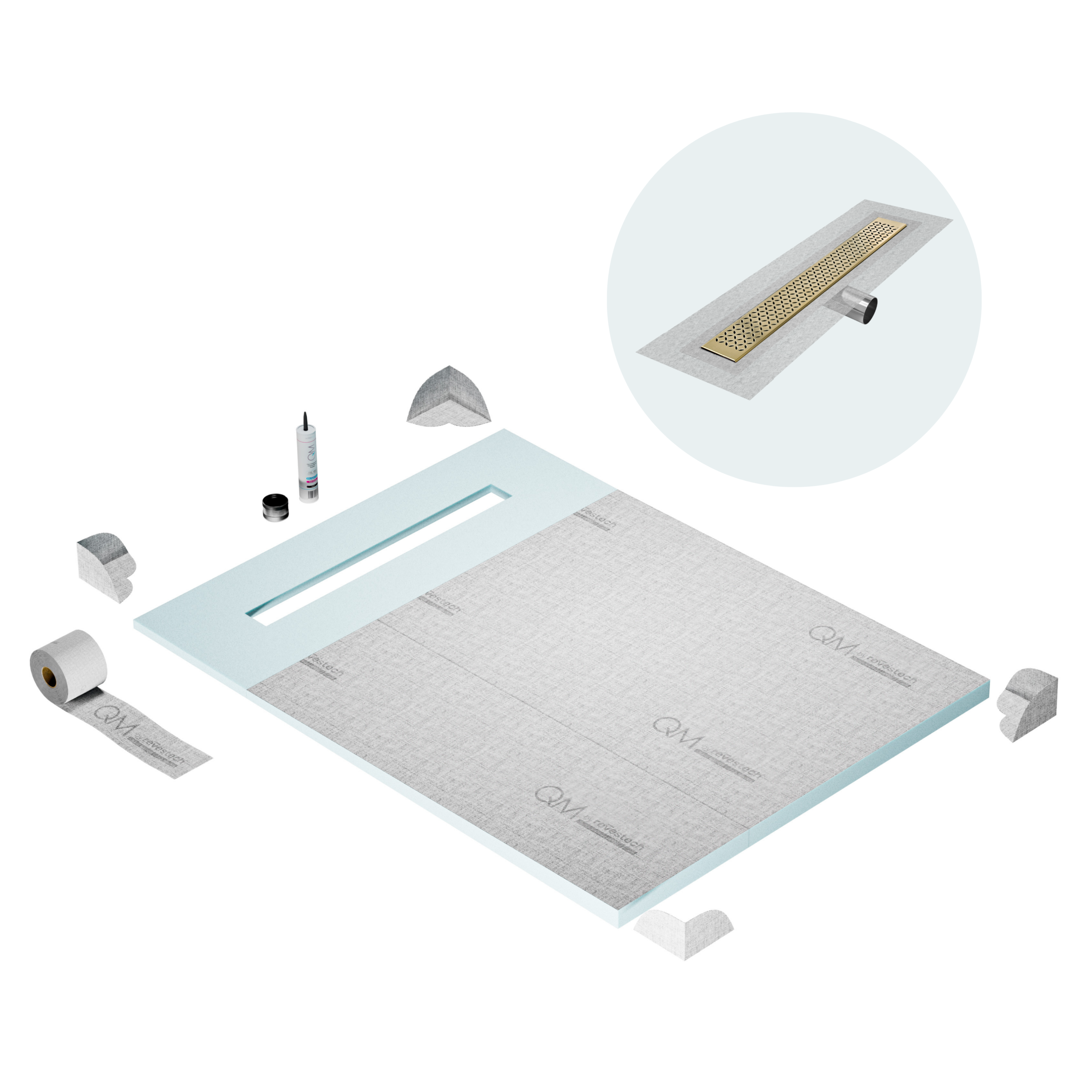 QM Shower Pan Curbless Kit 48" with a 36" Lotus Linear Drain Flange Edge Side Outlet in Gold