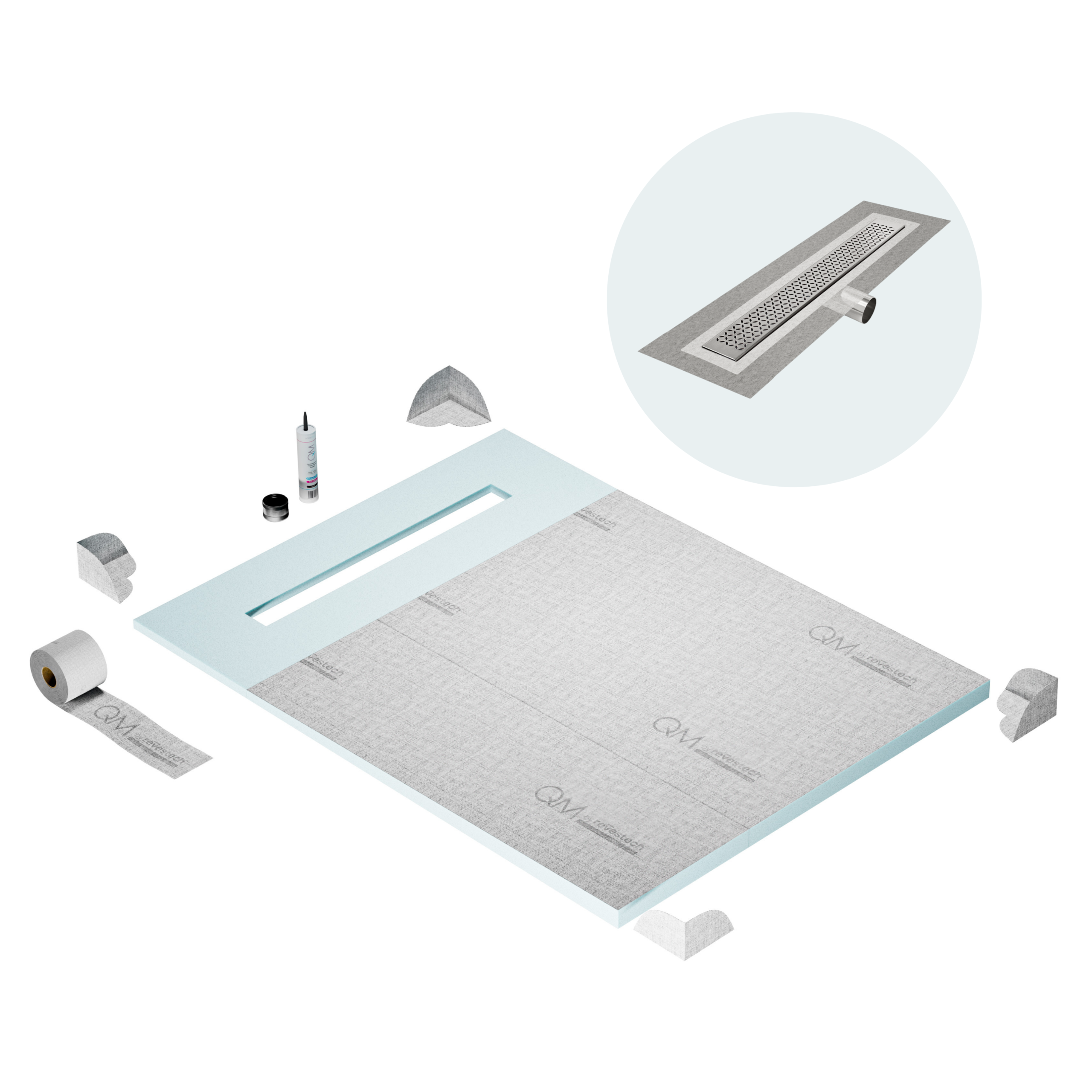 QM Shower Pan Curbless Kit 48" with a 36" Lotus Linear Drain Flange Edge Side Outlet in Polished