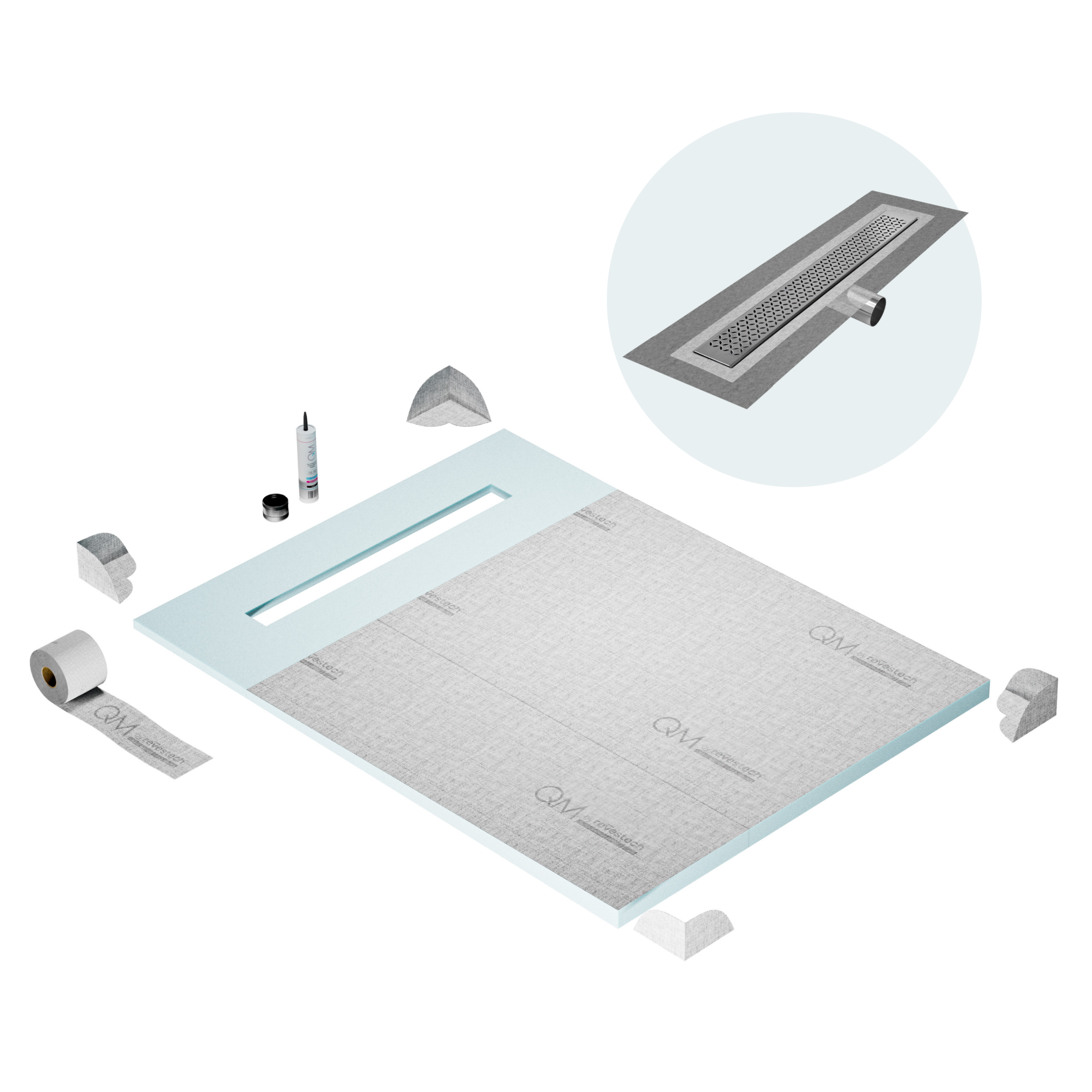 QM Shower Pan Curbless Kit 48" with a 36" Lotus Linear Drain Flange Edge Side Outlet in Satin