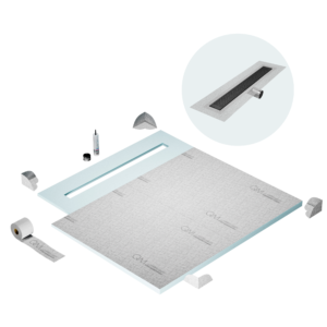 QM Shower Pan Curbless Kit 56″ with a 48″ Lotus Linear Drain Flange Edge Side Outlet in Black