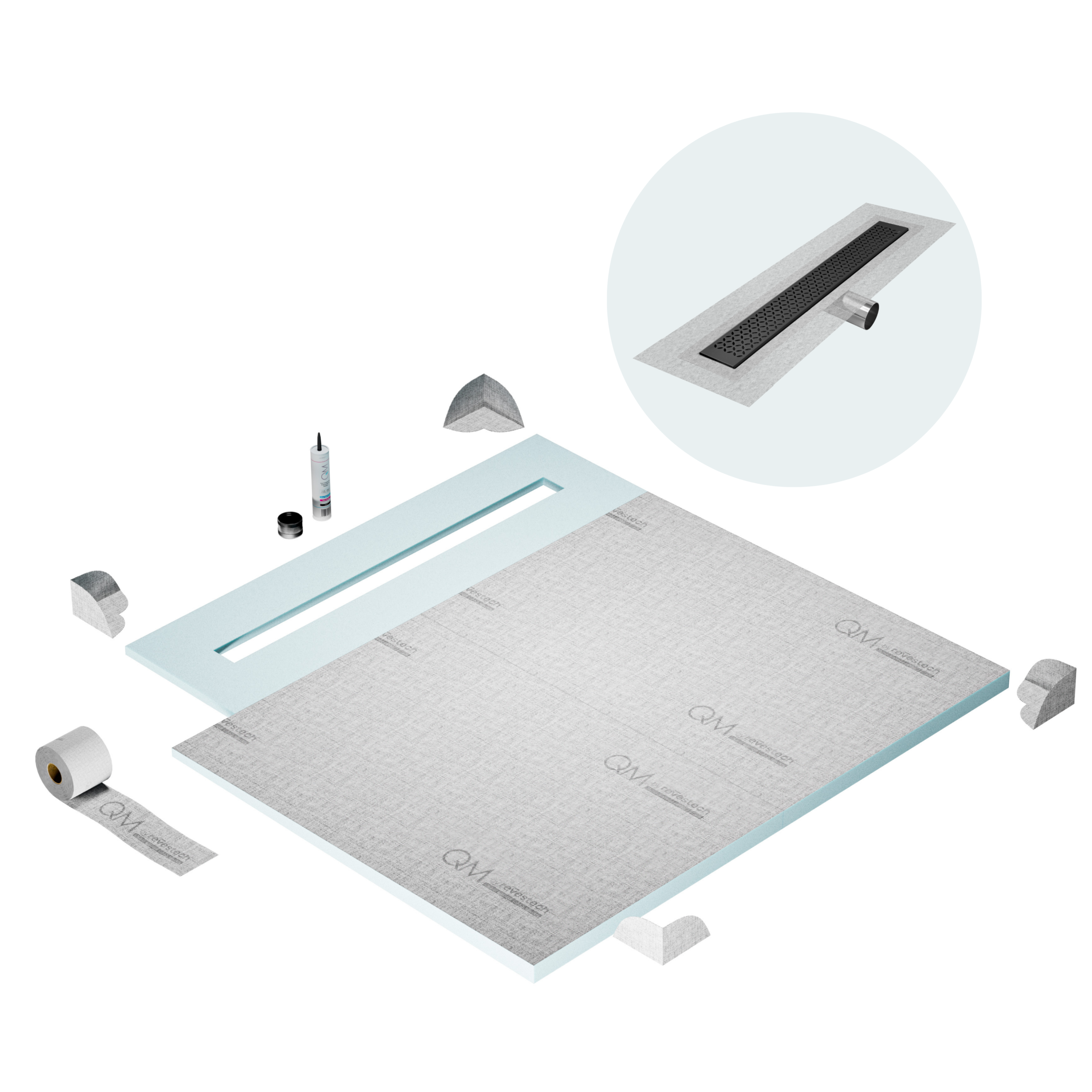 QM Shower Pan Curbless Kit 56" with a 48" Lotus Linear Drain Flange Edge Side Outlet in Black