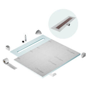 QM Shower Pan Curbless Kit 56″ with a 48″ Lotus Linear Drain Flange Edge Side Outlet in Bronze