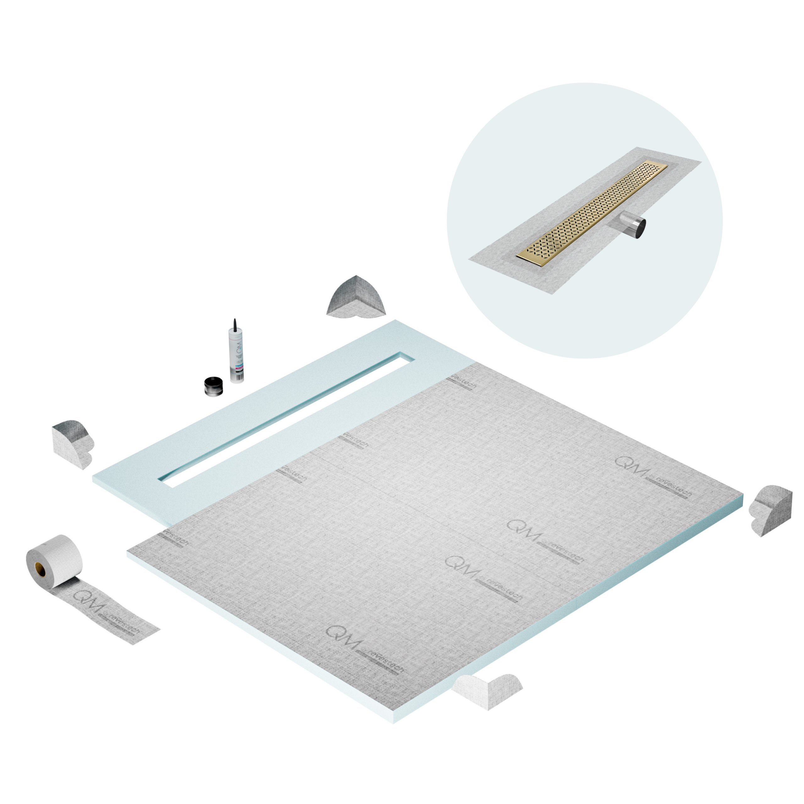 QM Shower Pan Curbless Kit 56" with a 48" Lotus Linear Drain Flange Edge Side Outlet in Gold