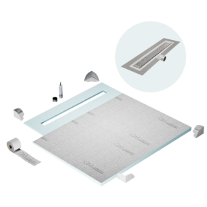 QM Shower Pan Curbless Kit 56″ with a 48″ Lotus Linear Drain Flange Edge Side Outlet in Polished