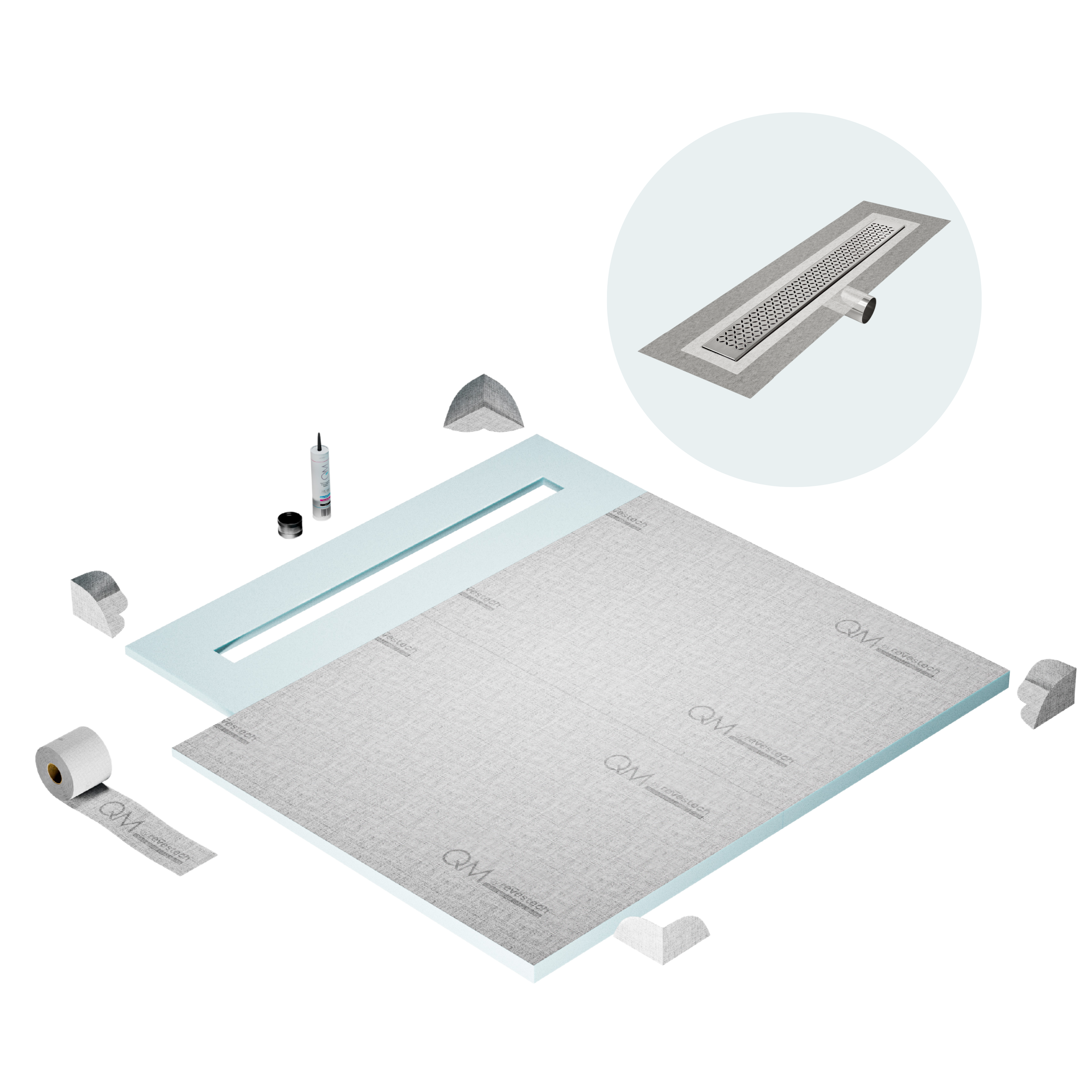 QM Shower Pan Curbless Kit 56" with a 48" Lotus Linear Drain Flange Edge Side Outlet in Polished